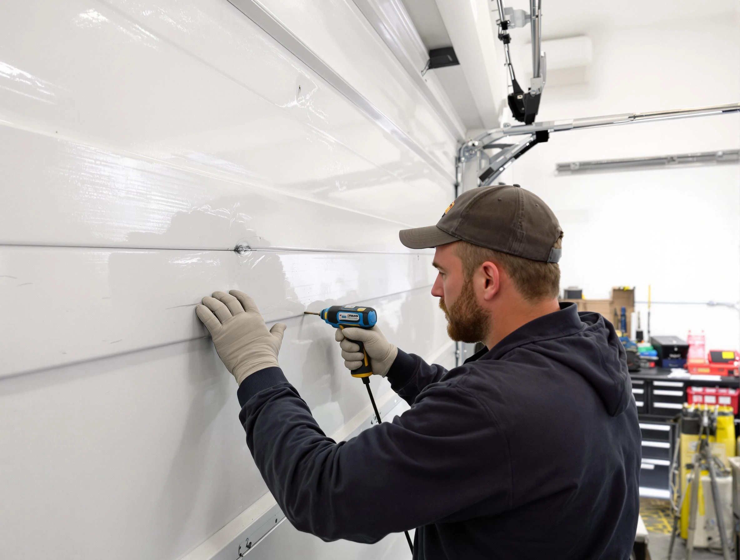 Oneonta Garage Door Repair technician demonstrating precision dent removal techniques on a Oneonta garage door